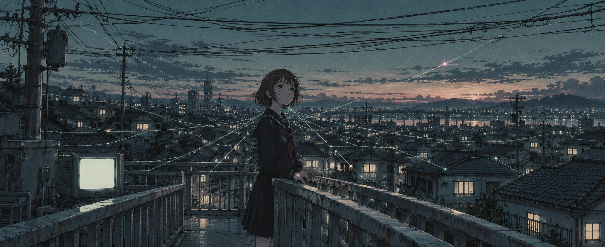A schoolgirl with a short bob stands on a footbridge at dusk beneath a tangle of power lines over a quiet town of lit windows.
