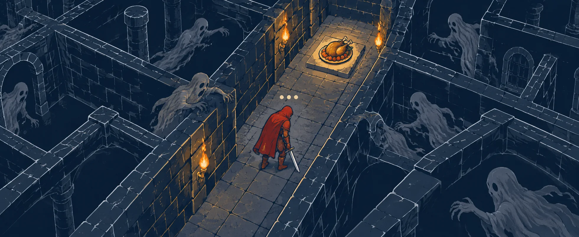 A red-cloaked warrior in a stone maze heads for a roast dinner as ghosts close in.