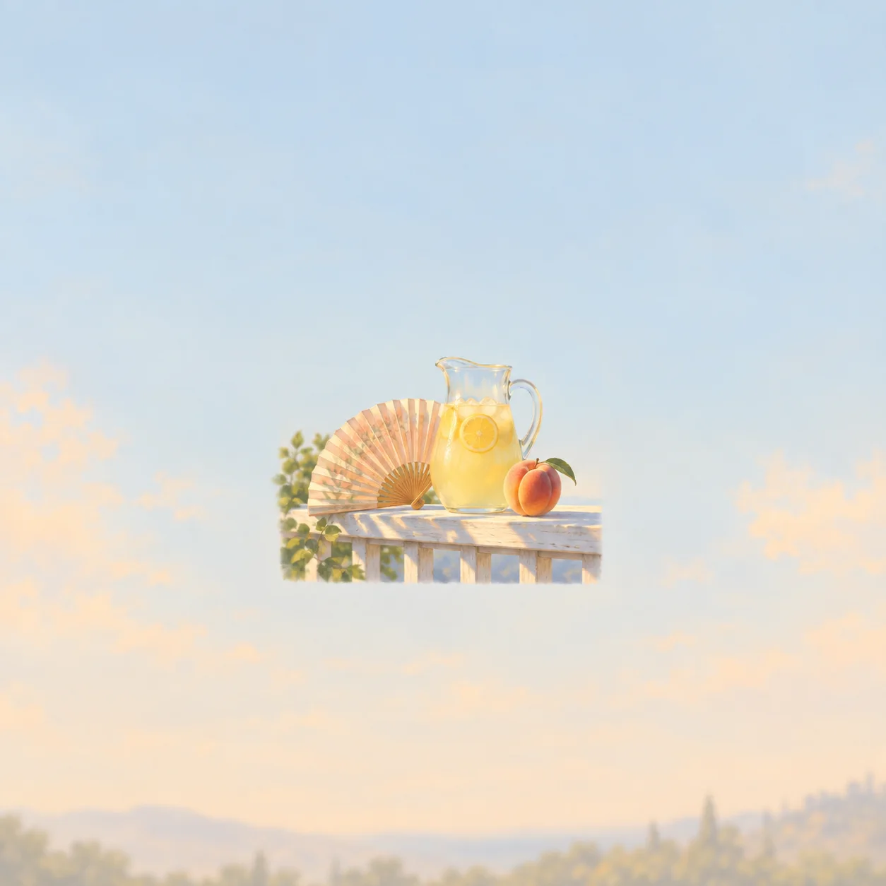 A pitcher of lemonade, a paper fan and a peach sit on a small section of porch rail above a hazy landscape.