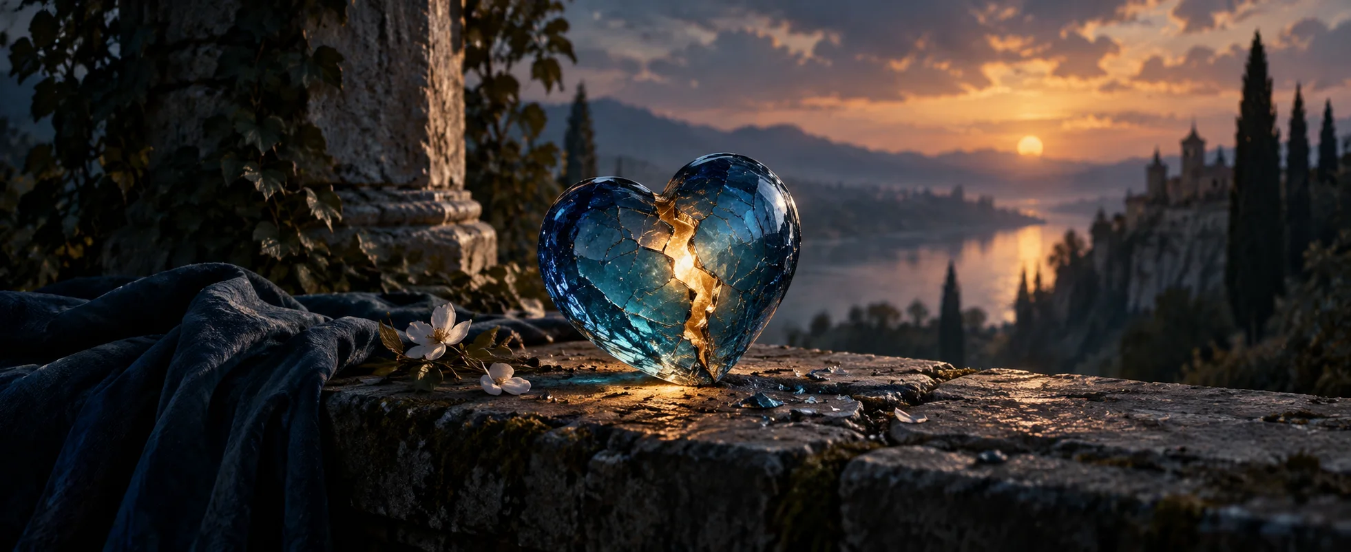 A small golden light shines through a cracked blue glass heart on a shadowed stone ledge.