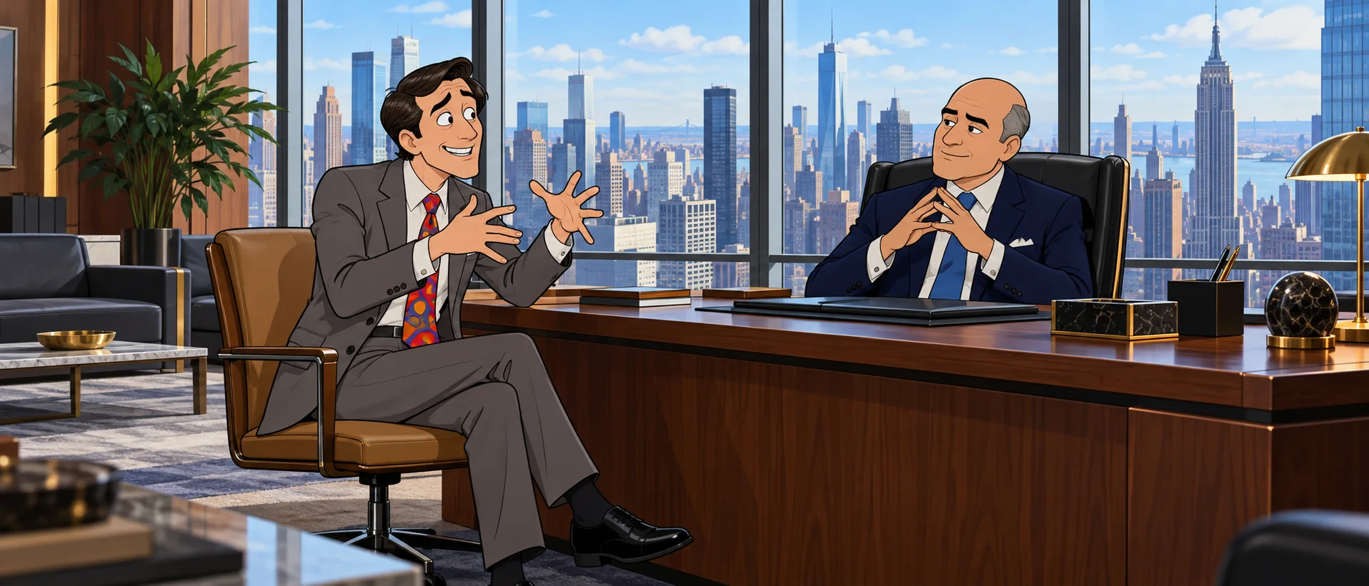 A man in a grey suit gestures mid-ramble across a big desk from a calm bald executive in a skyscraper office overlooking Manhattan.