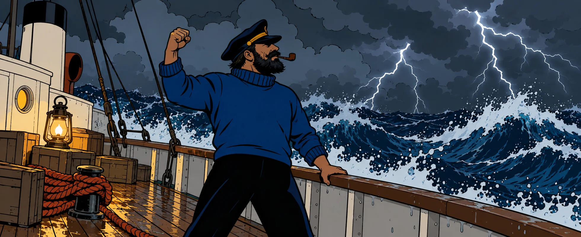 A bearded sea captain in a blue sweater shakes his fist from a ship's deck at a stormy, lightning-split sea.