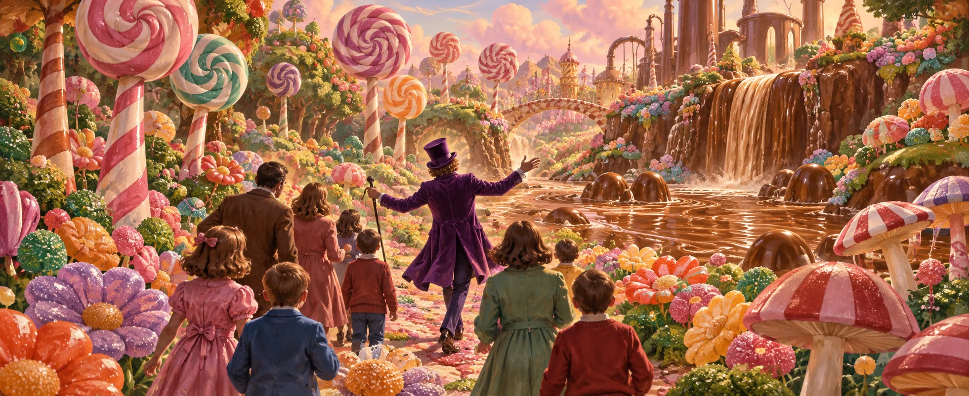 A candy maker in a purple coat strolls through a candy meadow beside a chocolate river, seen from behind, children wandering after him.