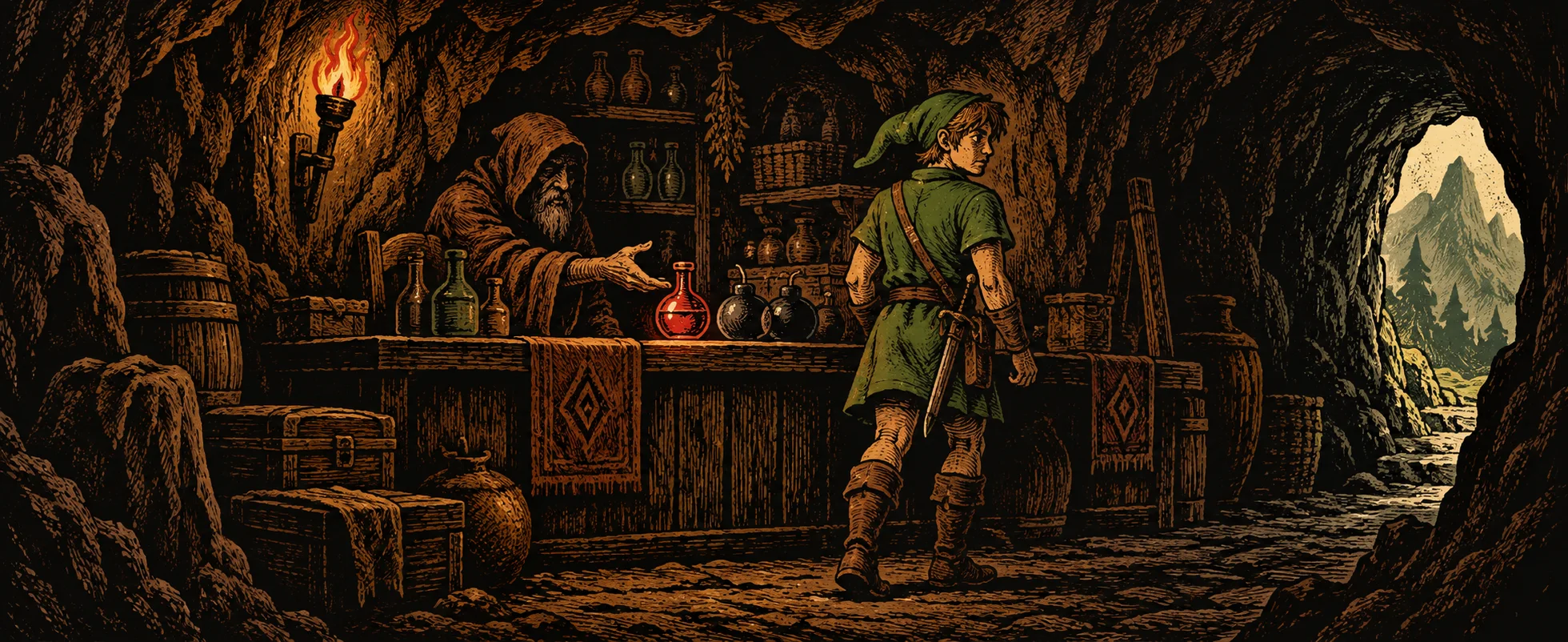 A hooded merchant behind a cave counter of potions greets a boy in a green tunic.