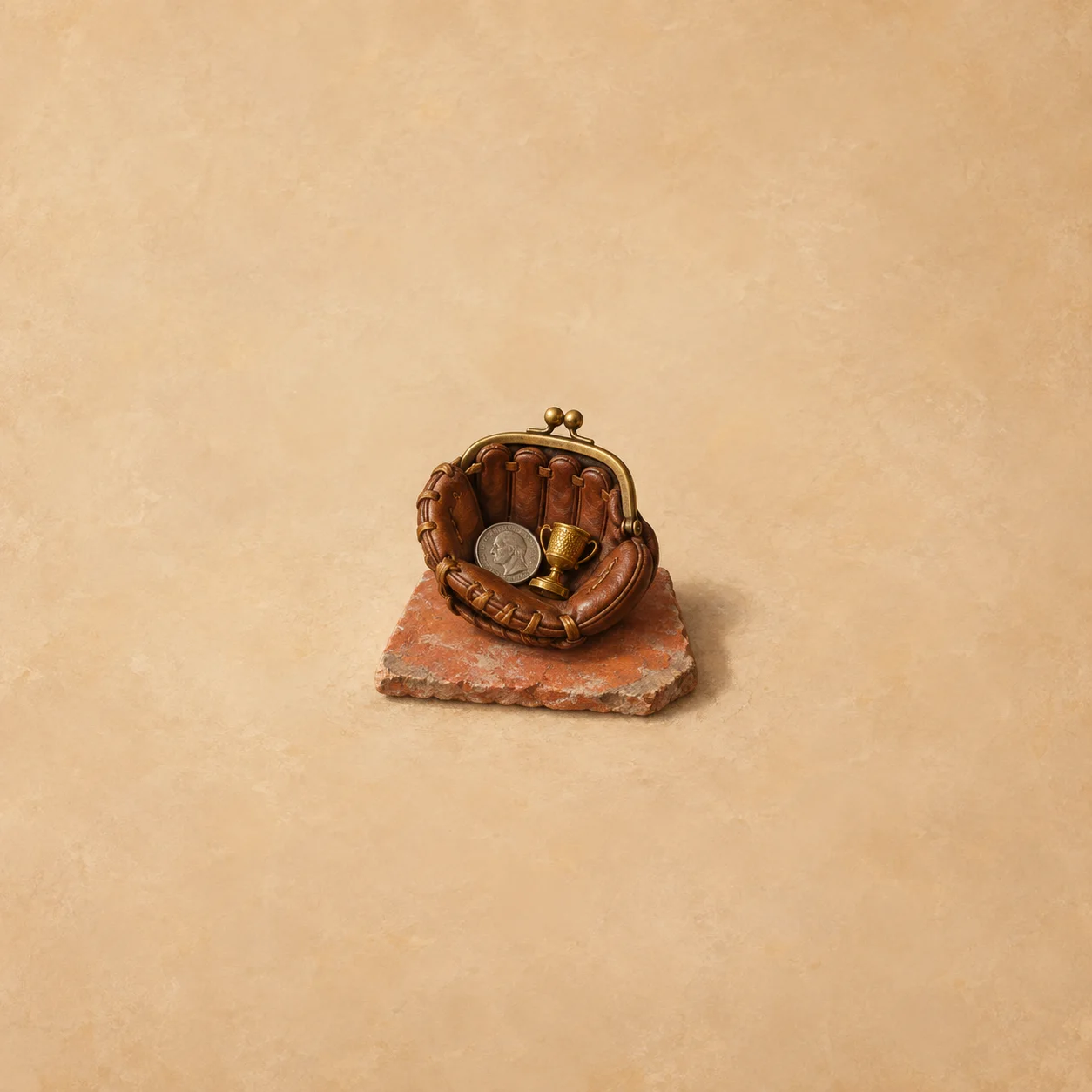 A leather baseball-glove-shaped coin purse holds a silver coin and a gold thimble on a clay tile.