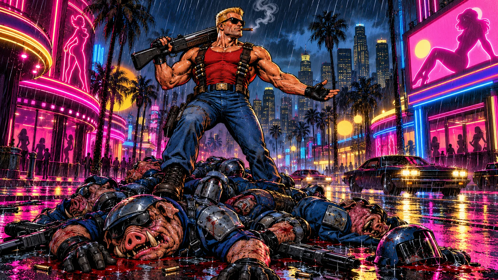 Duke Nukem in a red tank top, jeans and sunglasses stands on a heap of defeated pig-faced alien cops on a rain-slick neon Los Angeles street, shotgun on his shoulder and cigar smoke curling.
