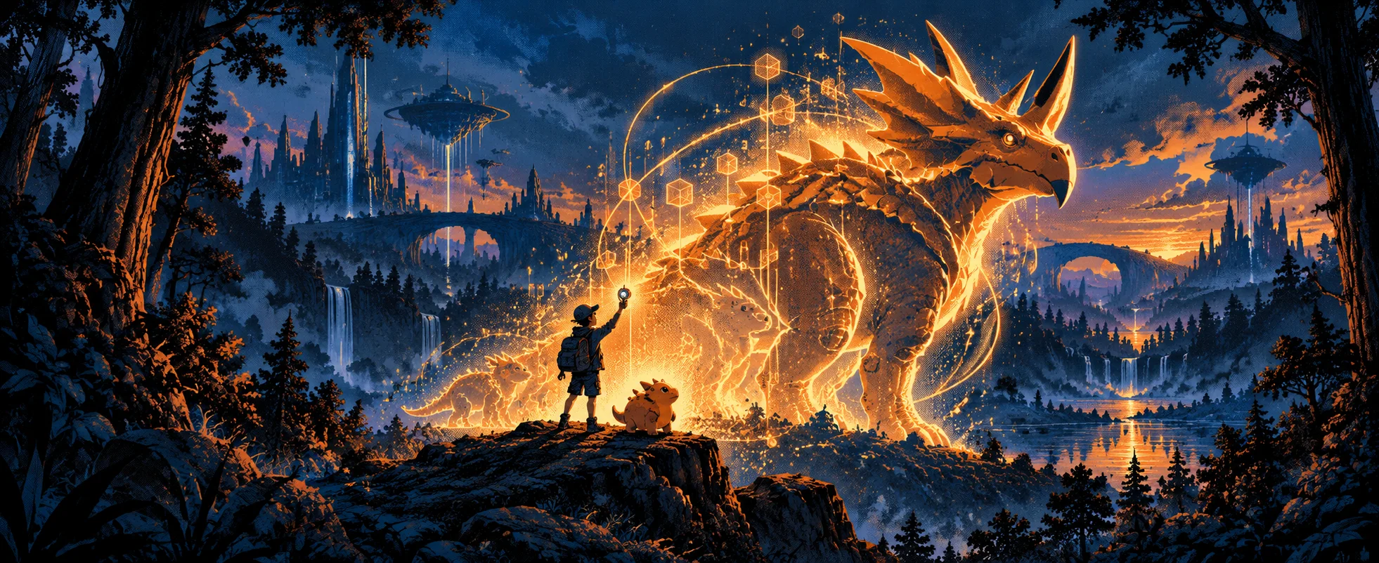A boy on a rocky outcrop raises a glowing device as a small creature transforms into a huge golden beast of light over a forest at dusk.
