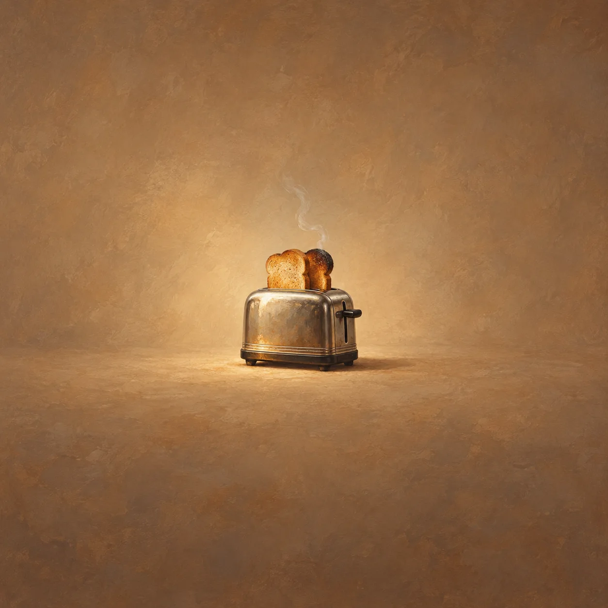Two slices of toast protrude from an old metallic toaster, one darkened at the edge with a thin wisp of smoke.