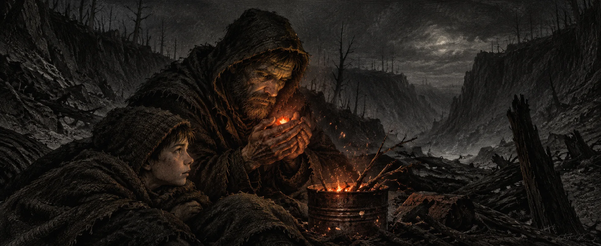 A bearded man in a hooded coat cups a glowing ember beside a small fire in a tin as a boy huddles close in a dark gully.
