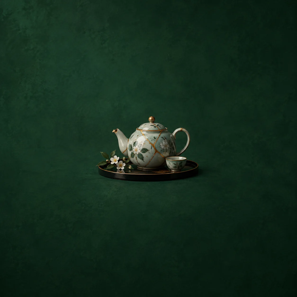 A porcelain teapot repaired with gold seams rests beside a small cup and white flowers on a black tray.