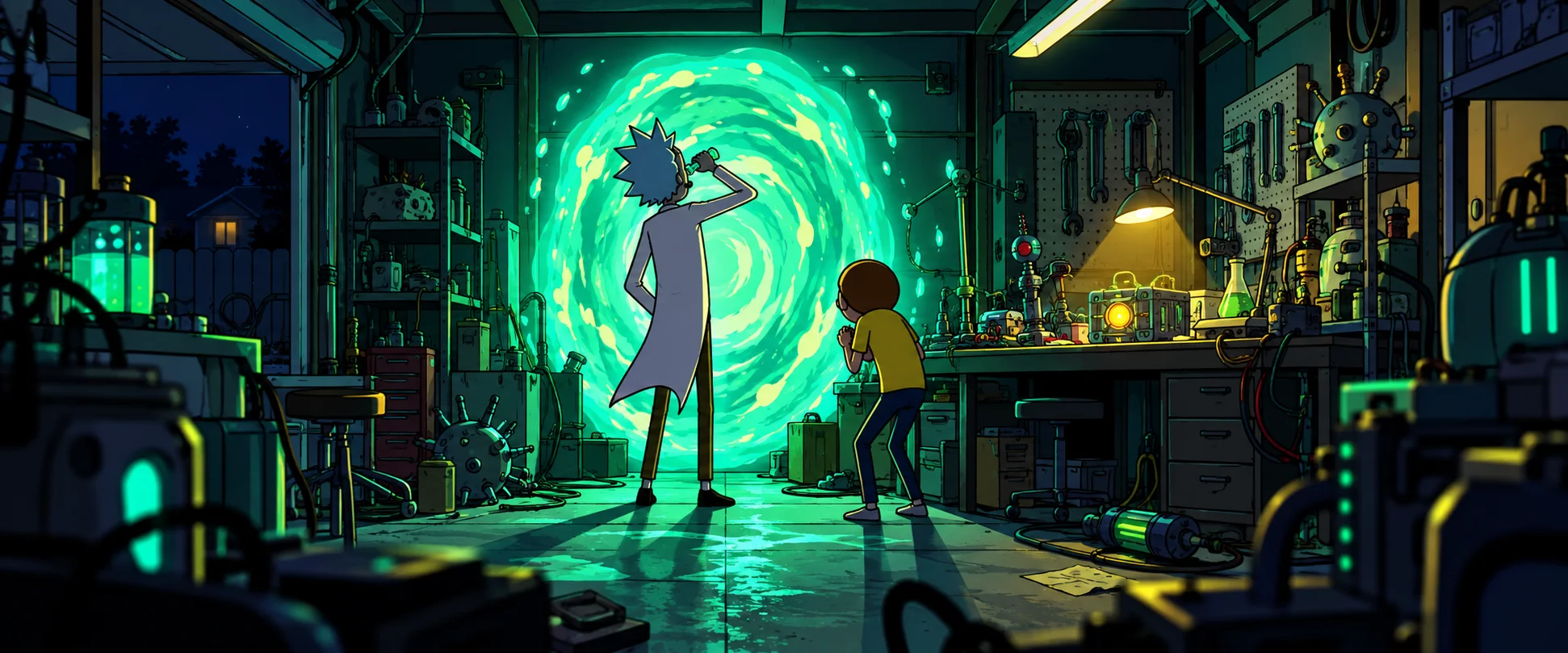 A tall scientist in a lab coat and a boy in a yellow shirt stand before a swirling green portal in a cluttered garage laboratory.