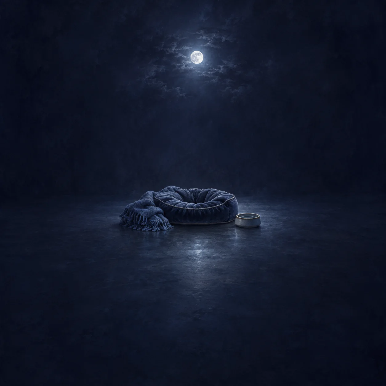 A rumpled blue blanket lies beside an empty round dog cushion and bowl under moonlight.