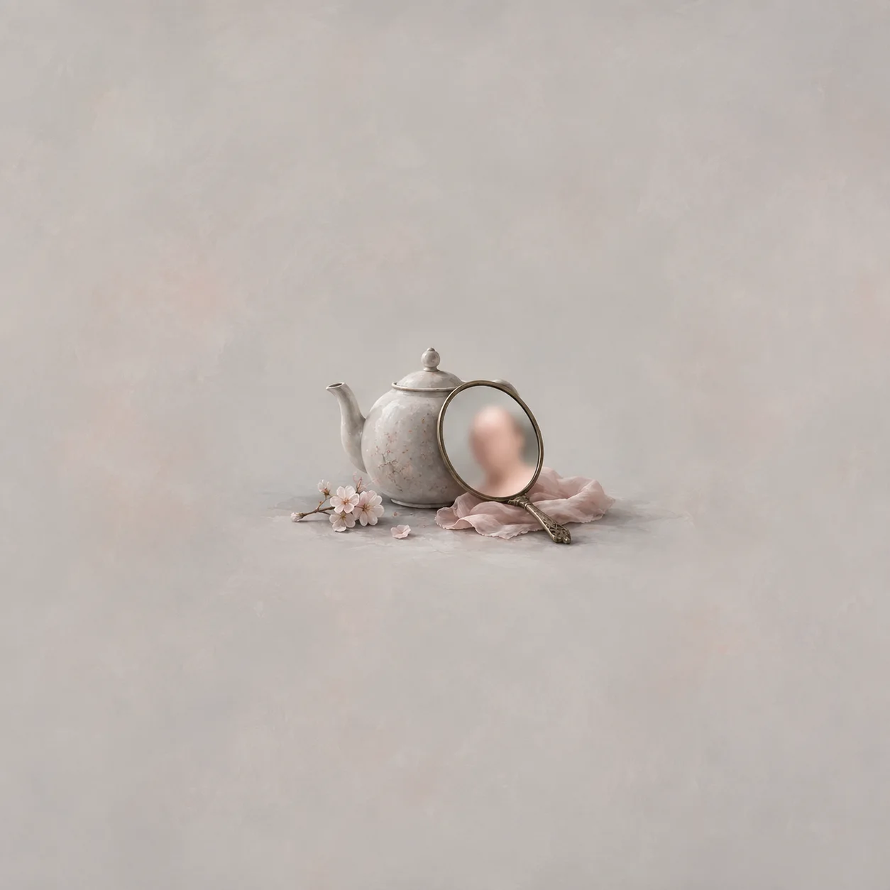 An ornate hand mirror reflecting a blurred pink oval leans against a white teapot beside pale flowers and cloth.