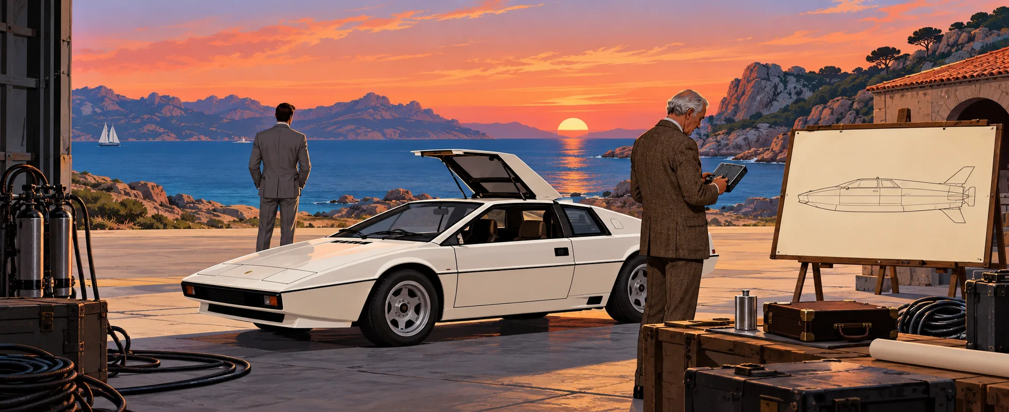 At a Sardinian harbour at sunset, Q in a tweed suit studies a gadget beside a white Lotus Esprit, an easel sketch of a car-submarine beside him, as Bond waits by the sea.