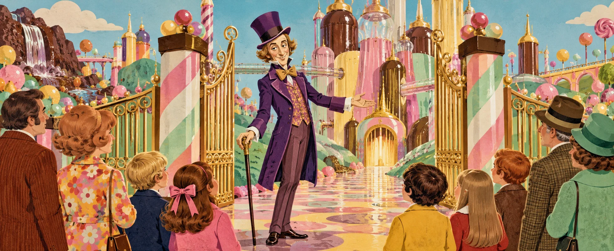 A candy-maker in a purple tailcoat and top hat greets a crowd of children and parents at the gates of a candy-coloured factory.