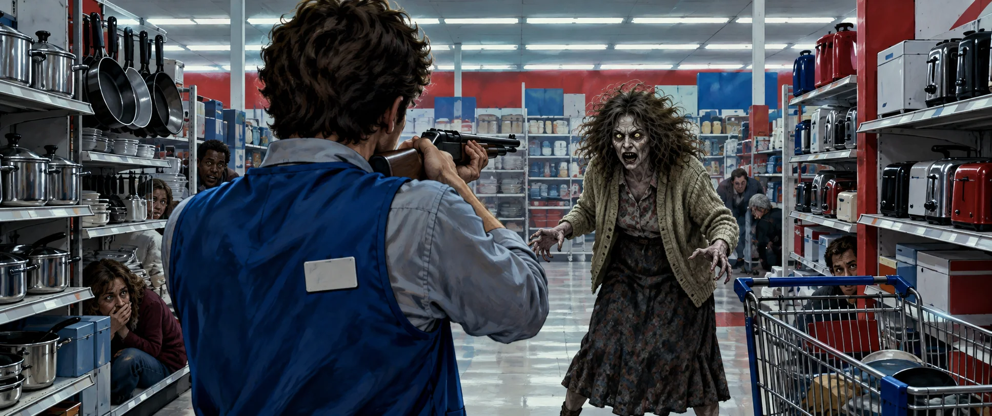 Seen over his shoulder, a store clerk in a blue vest aims a shotgun down a discount-store housewares aisle at a customer turning into a demon.