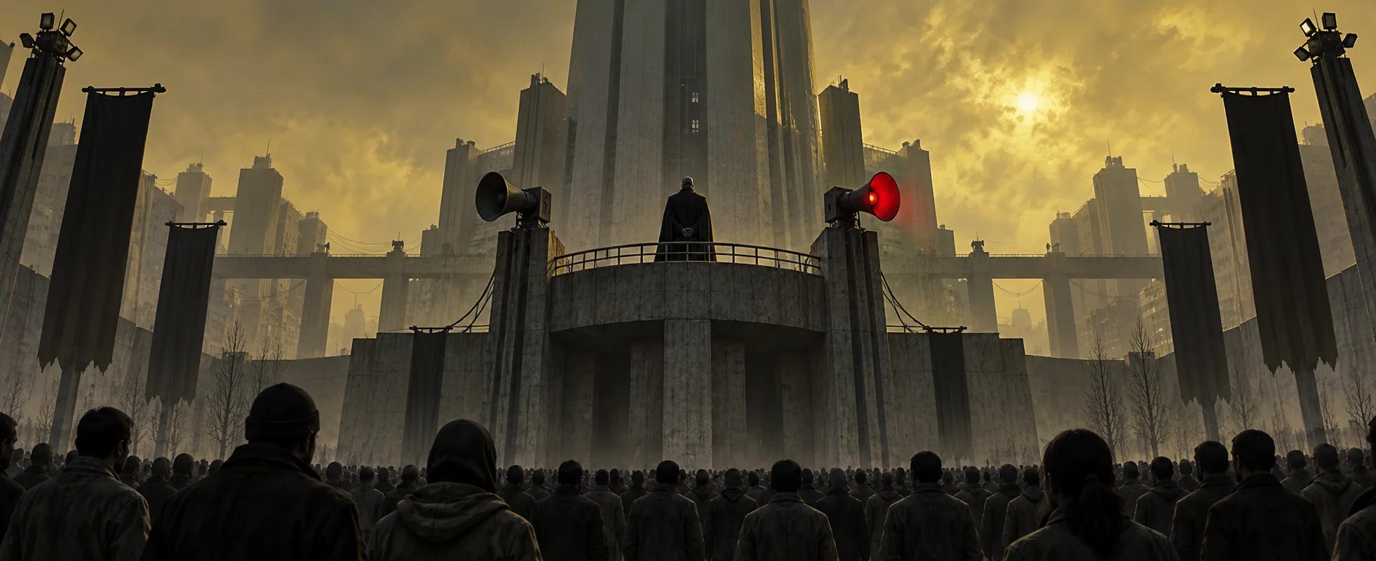 A crowd stands in a grey plaza under a huge brutalist tower, a giant screen and loudspeakers above them.