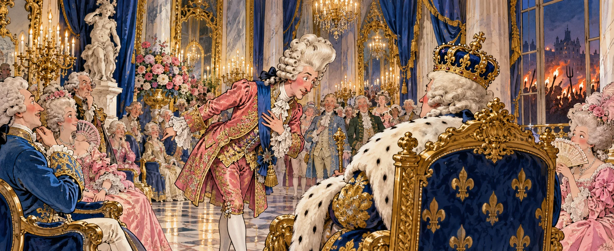 A foppish courtier in a towering wig leans toward a king on a gilded throne in a glittering Versailles hall.