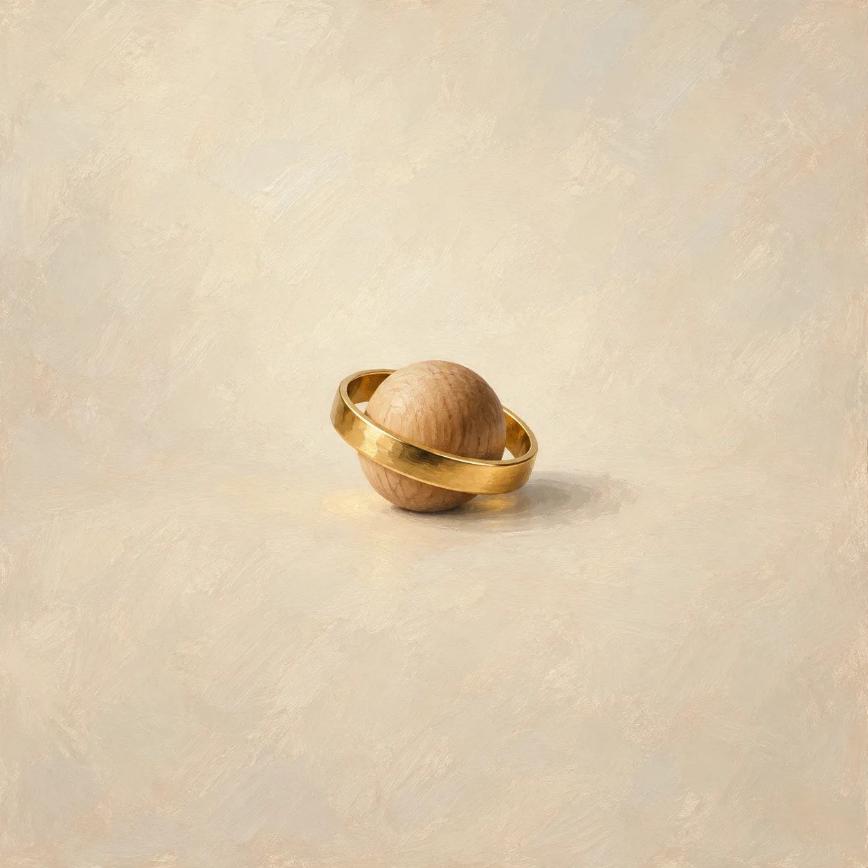 Small gold band encircling plain wooden bead against open ivory/coral background