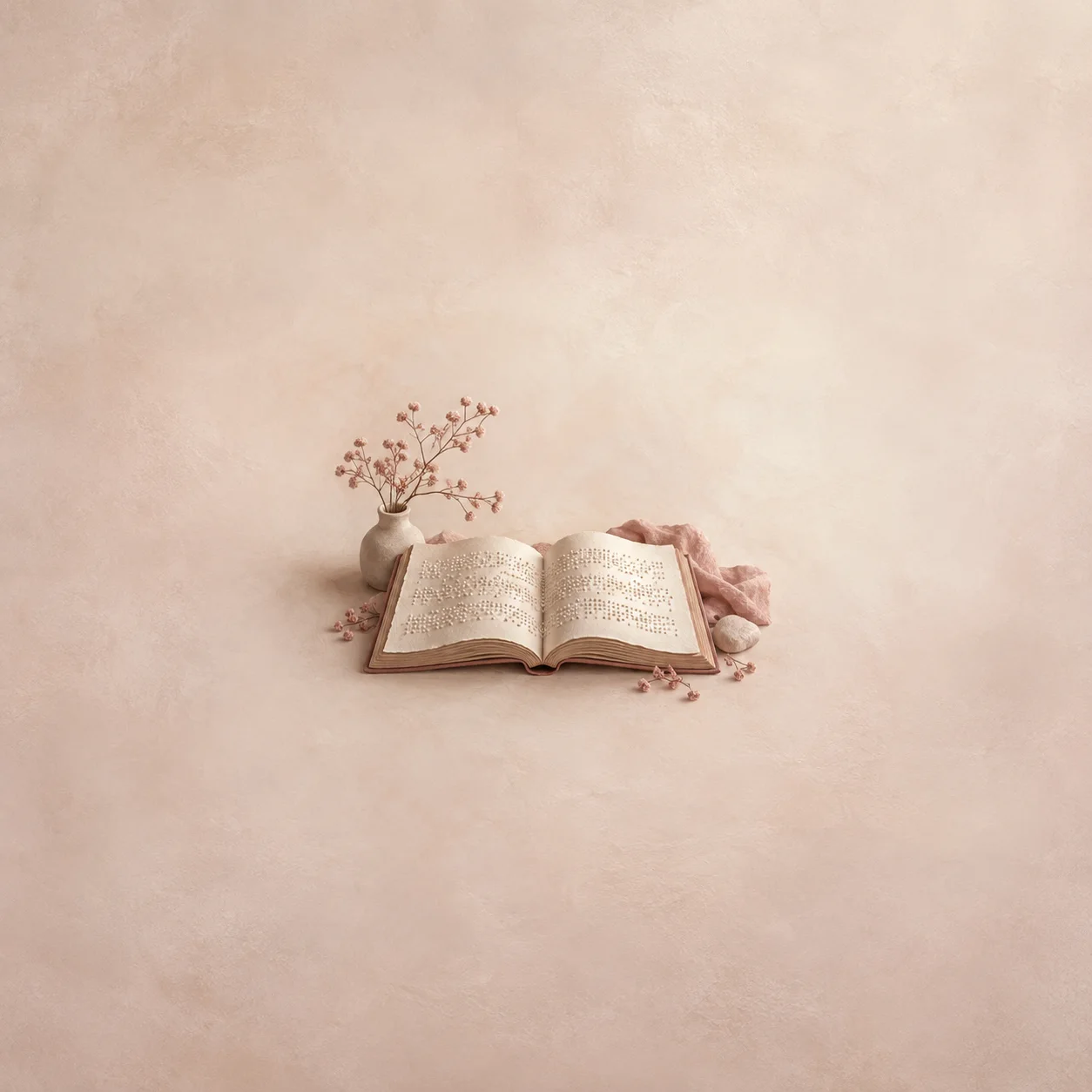 An open book with raised dot patterns rests beside pink cloth, flowers and a smooth stone.
