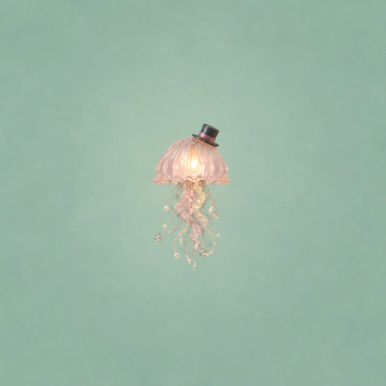 A glowing pink jellyfish-shaped lamp with dangling strands and a tilted tiny top hat against sea green.