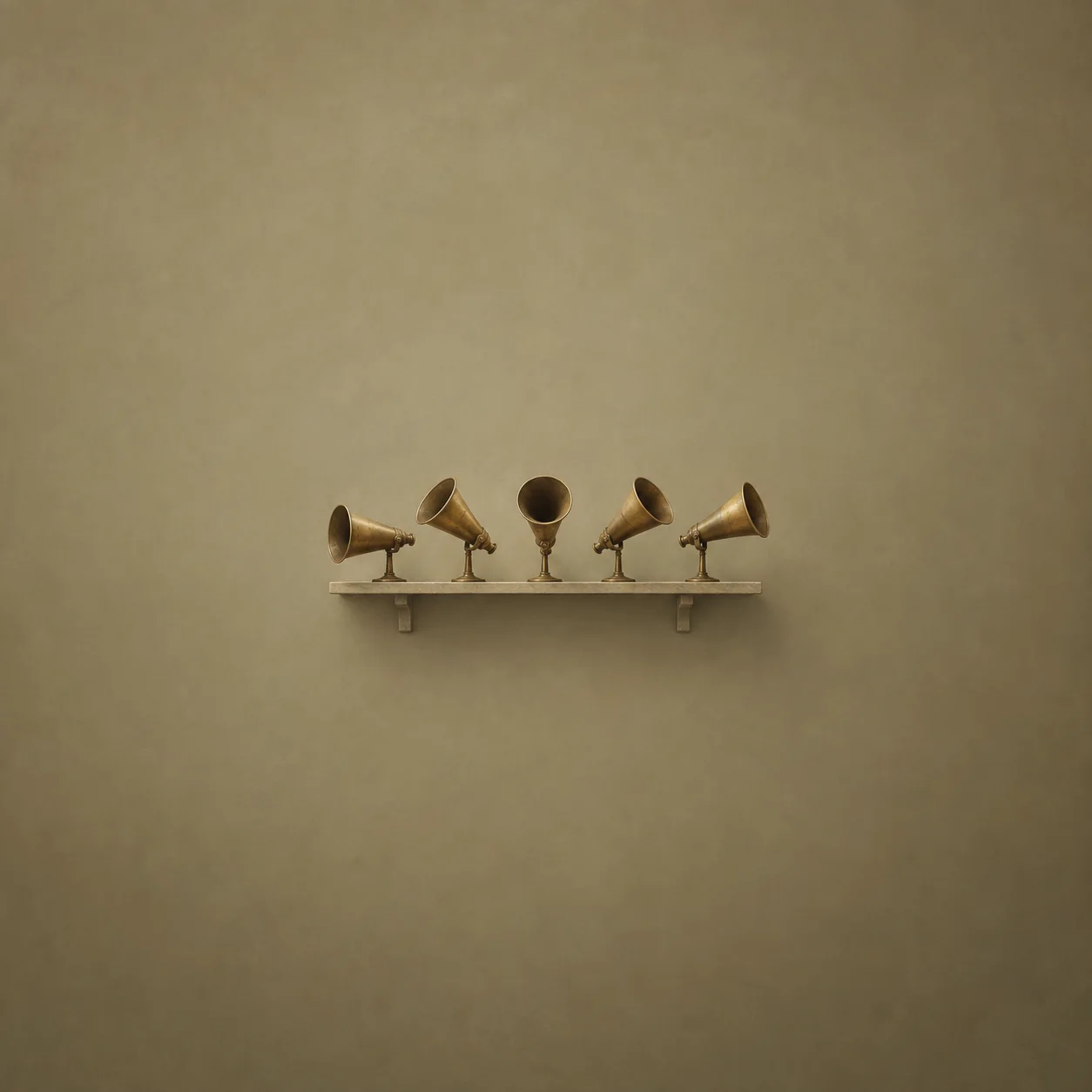 Five brass megaphones point in different directions from a small wall shelf.
