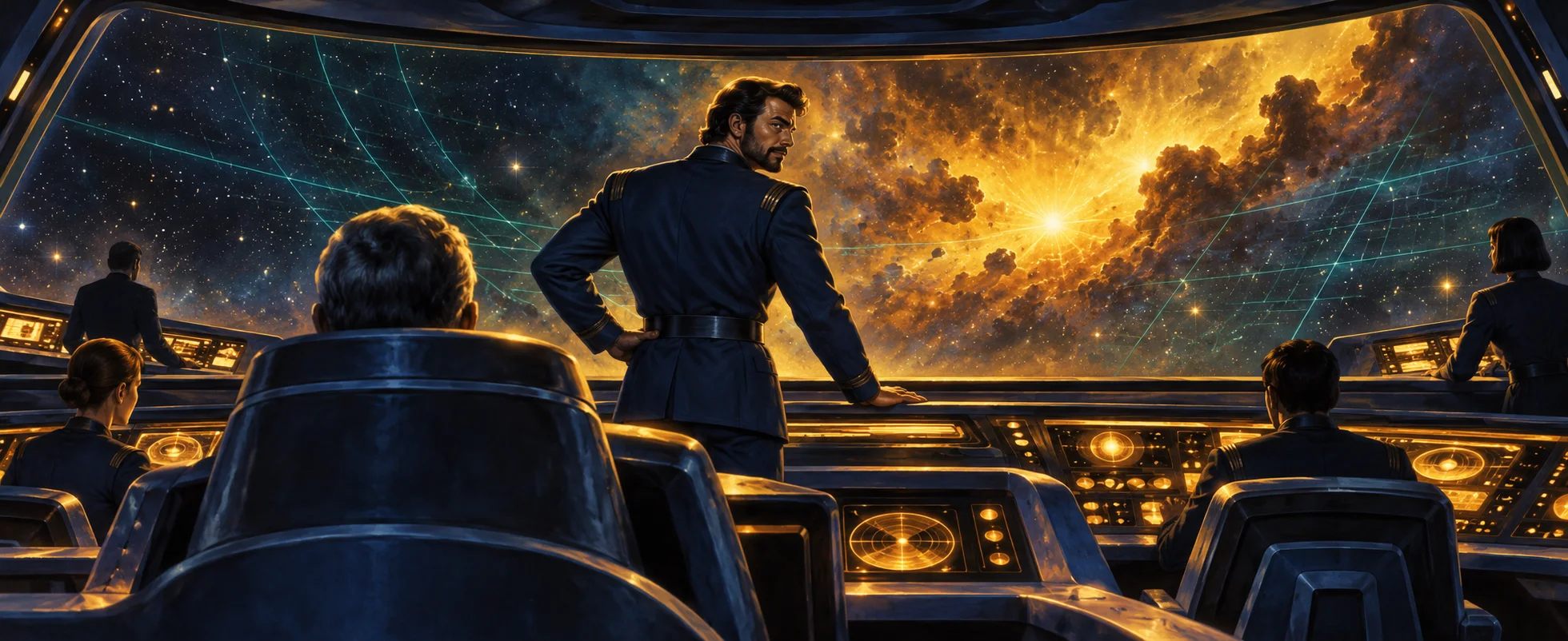 A bearded first officer leans on a console on a starship bridge facing a swirling golden nebula.