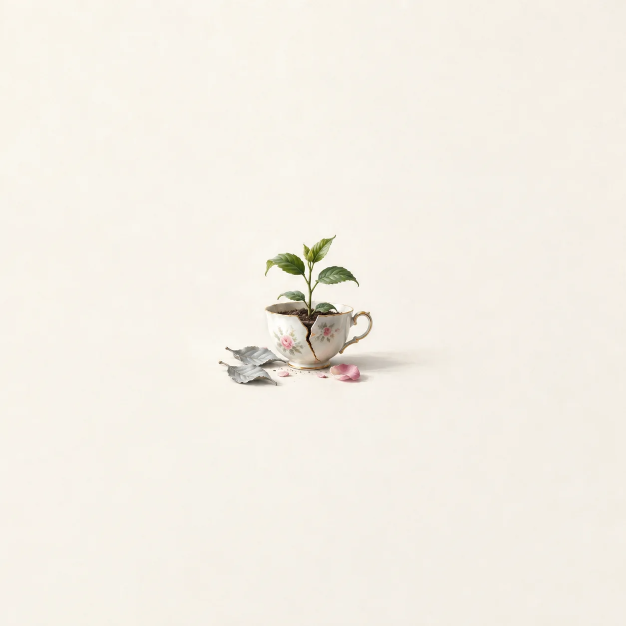 A green sapling grows from a cracked floral teacup beside silvery scraps and pink petals.