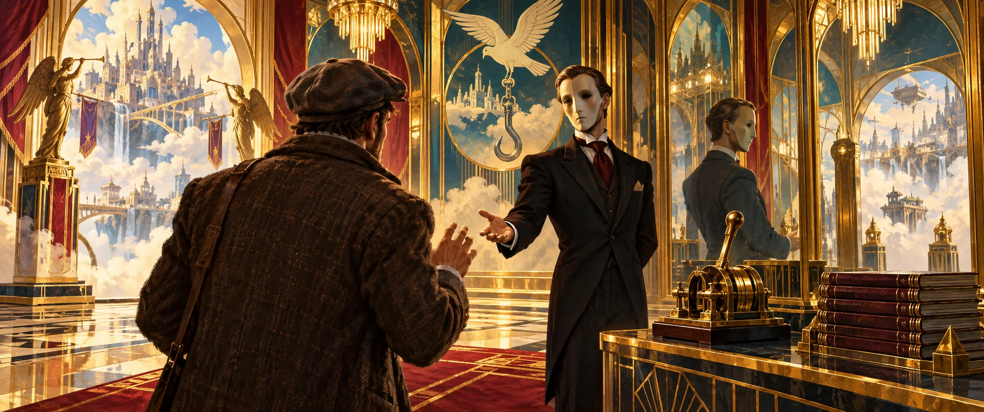 A man in a flat cap faces a pair of formal twins in a gilded hall of a city floating among clouds.
