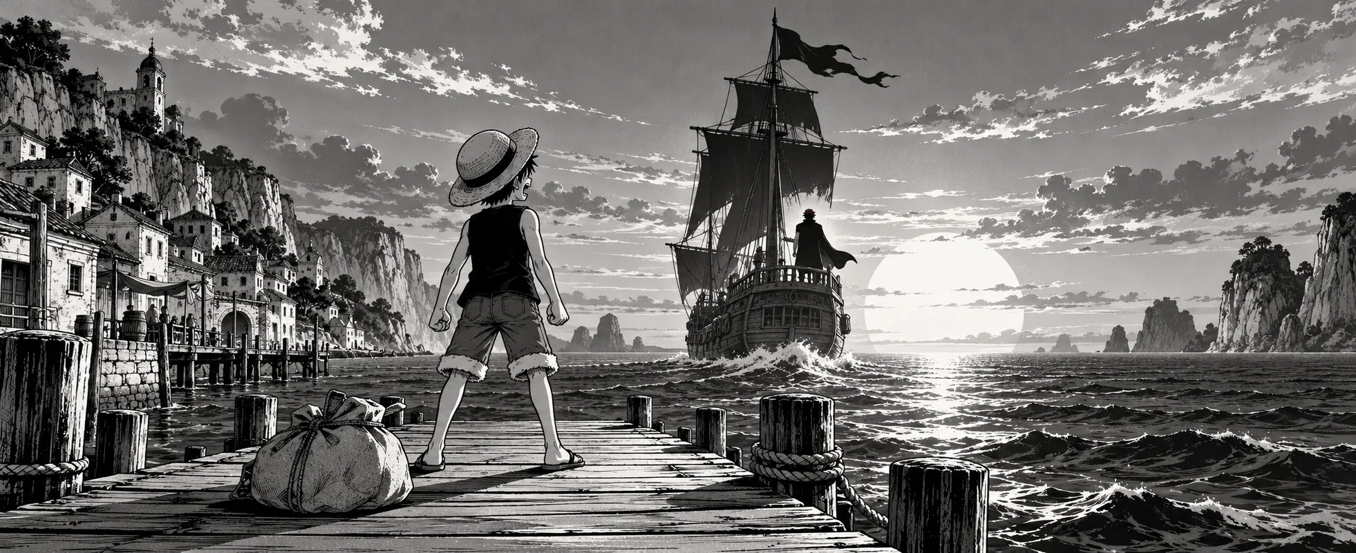 Manga-style illustration: a straw-hatted boy with clenched fists stands on a wooden pier shouting after a dark-sailed ship, whose caped captain stands at the stern as it sails toward a low sun, with a cliffside harbour town behind.