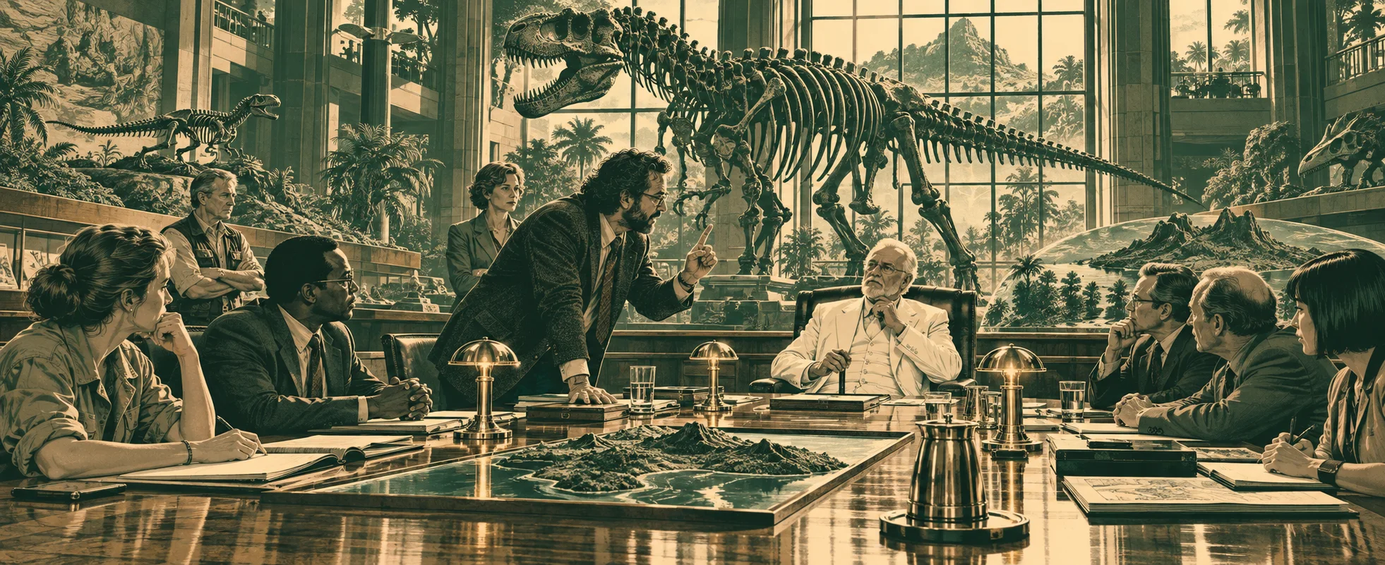Scientists and executives sit round a lunch table under a dinosaur skeleton, a bearded mathematician leaning forward to make a point to a white-suited founder.