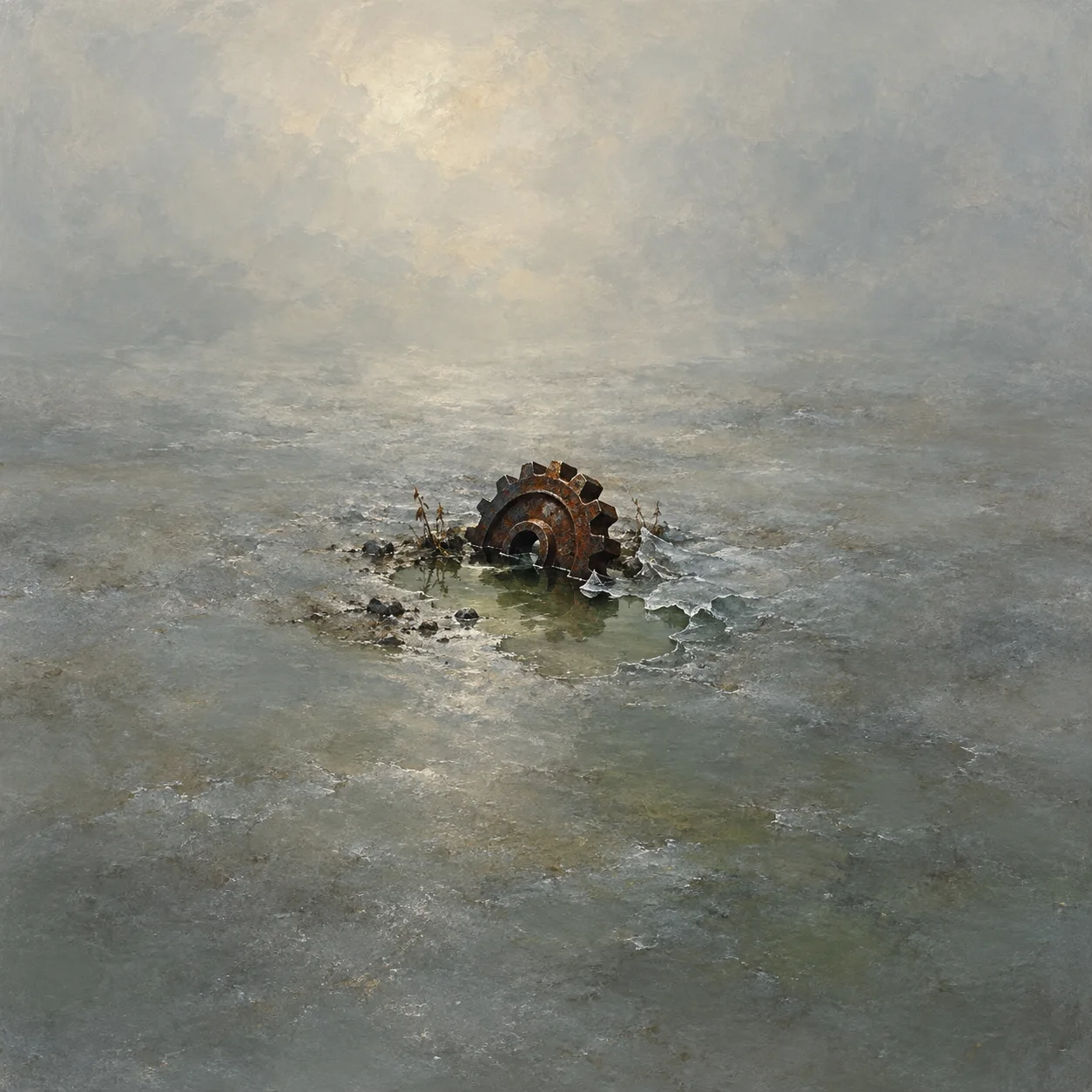 Painterly rusted gear partly submerged in murky water beside broken ice.