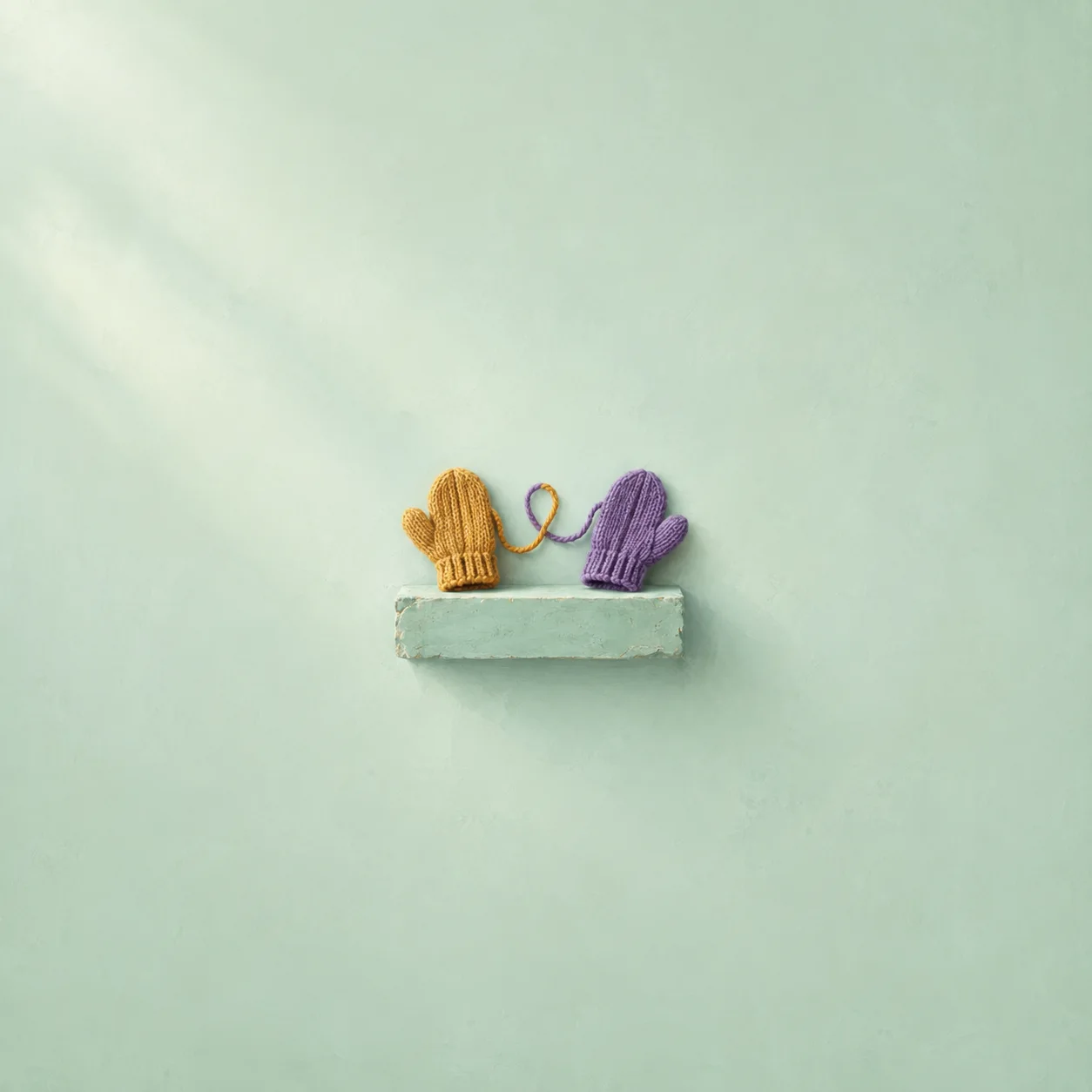 Mustard and violet knitted mittens joined by a loop of yarn on a mint-colored ledge.