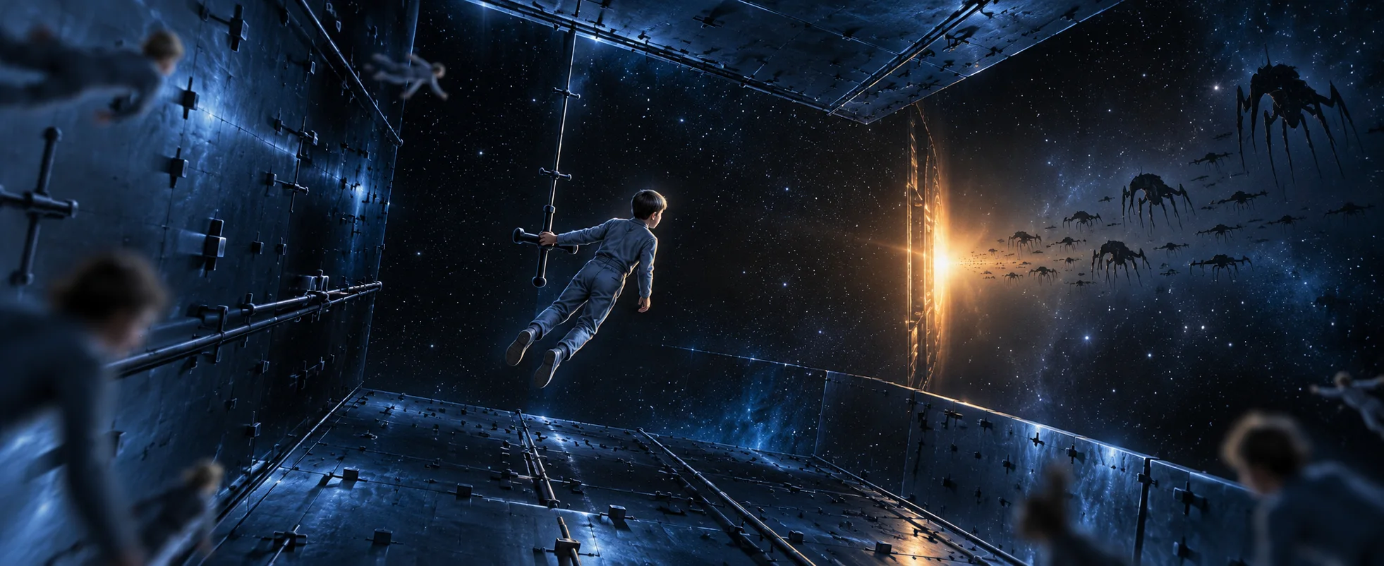 A thin boy in a training suit floats weightless in a vast dark cube, staring at a glowing gate and a distant alien fleet.
