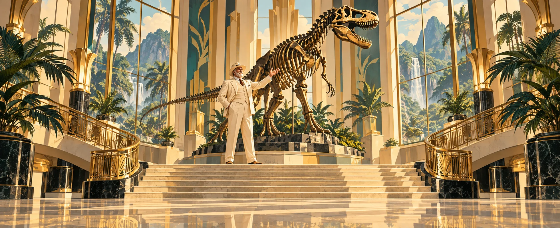 An older man in a white suit and hat spreads an arm at the top of a grand marble staircase beneath a towering dinosaur skeleton.