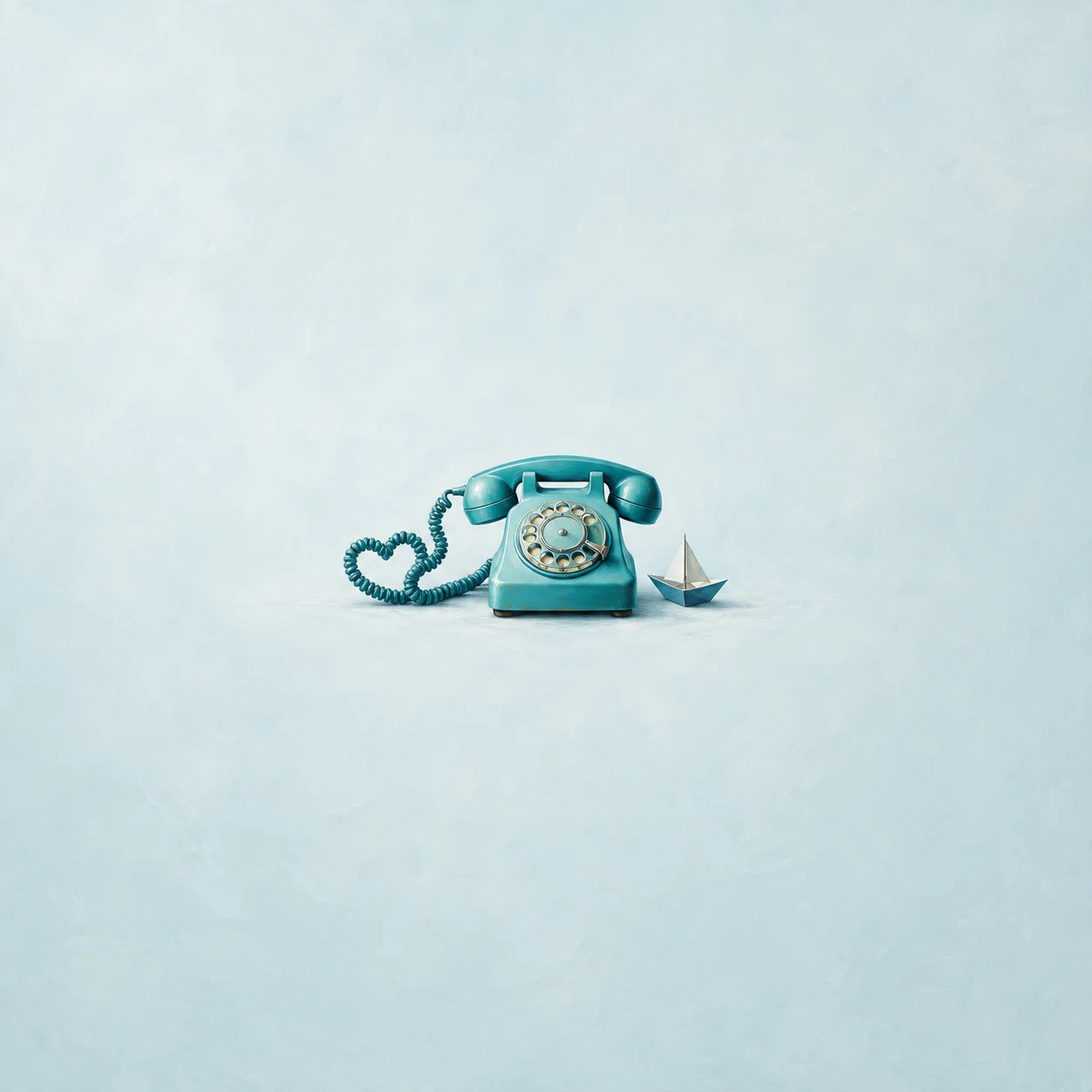 A turquoise rotary telephone with a coiled cord stands beside a tiny paper sailboat against pale blue.