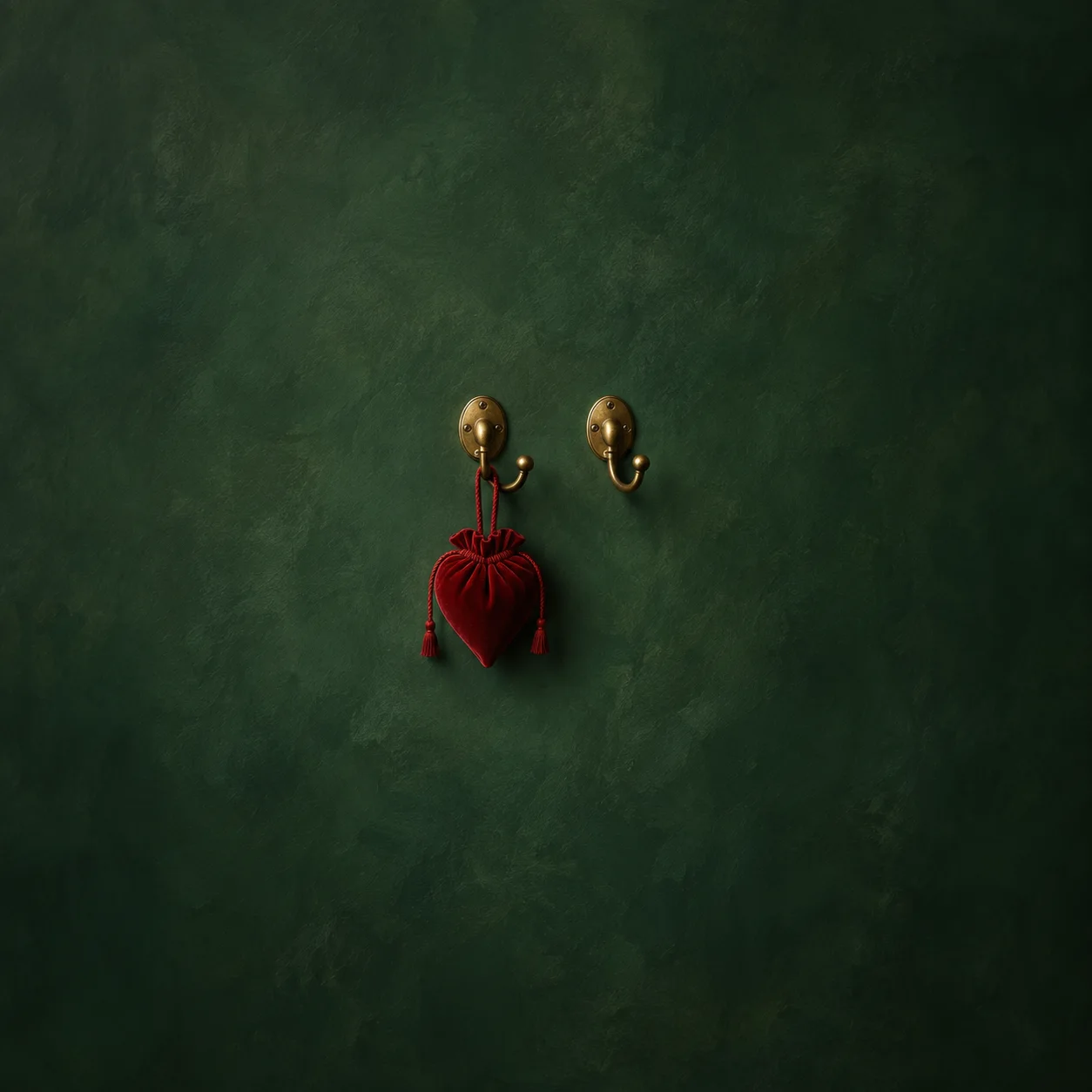 A red heart-shaped drawstring pouch hangs from one of two brass hooks on a dark green wall.