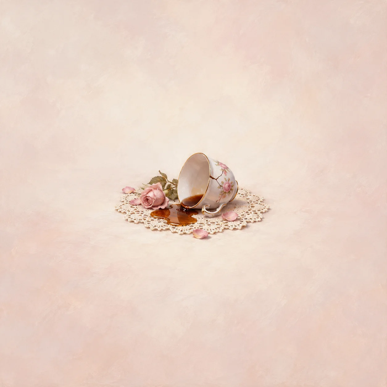 Painterly tipped floral teacup with spilled tea, pink roses and a lace doily on pale pink.