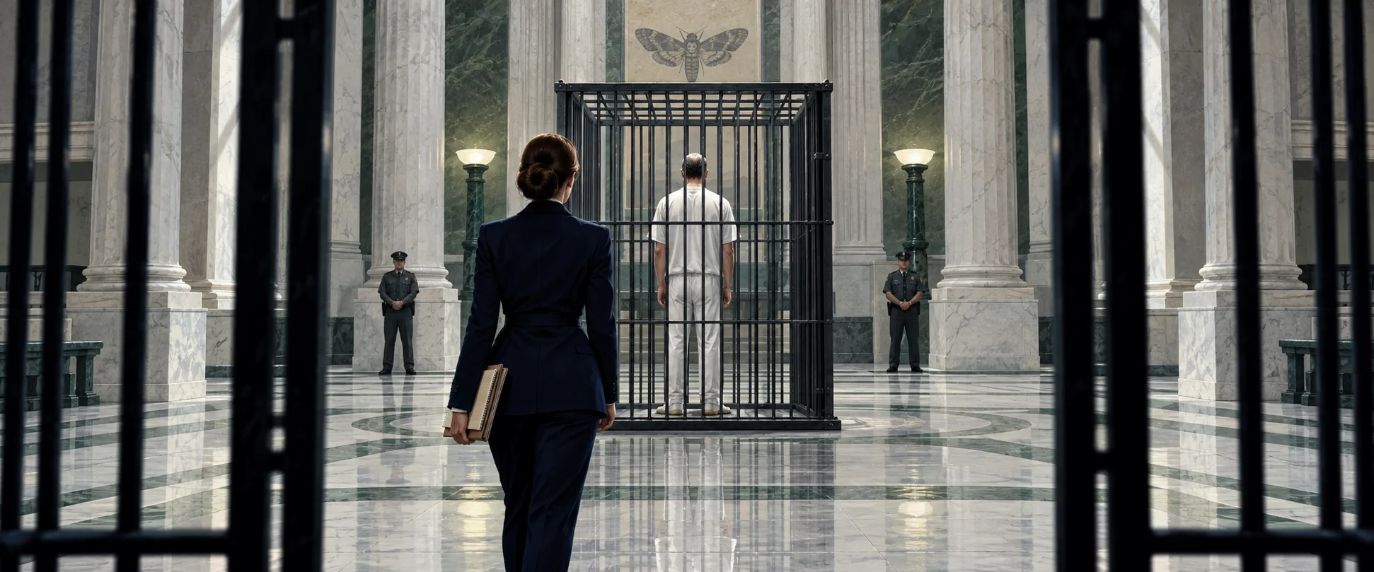 A young woman in a dark suit walks across a marble courthouse hall toward a tall iron cage where a man in white stands with his back turned.