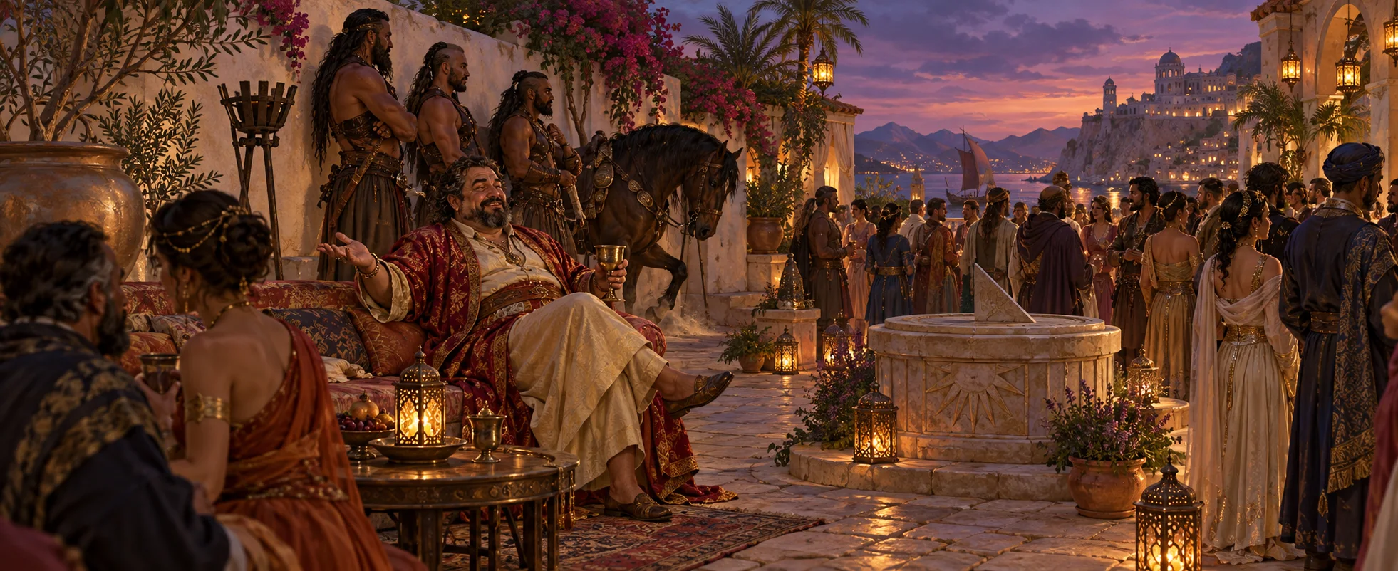 A magister in rich robes holds court in a lamplit courtyard full of guests at dusk.