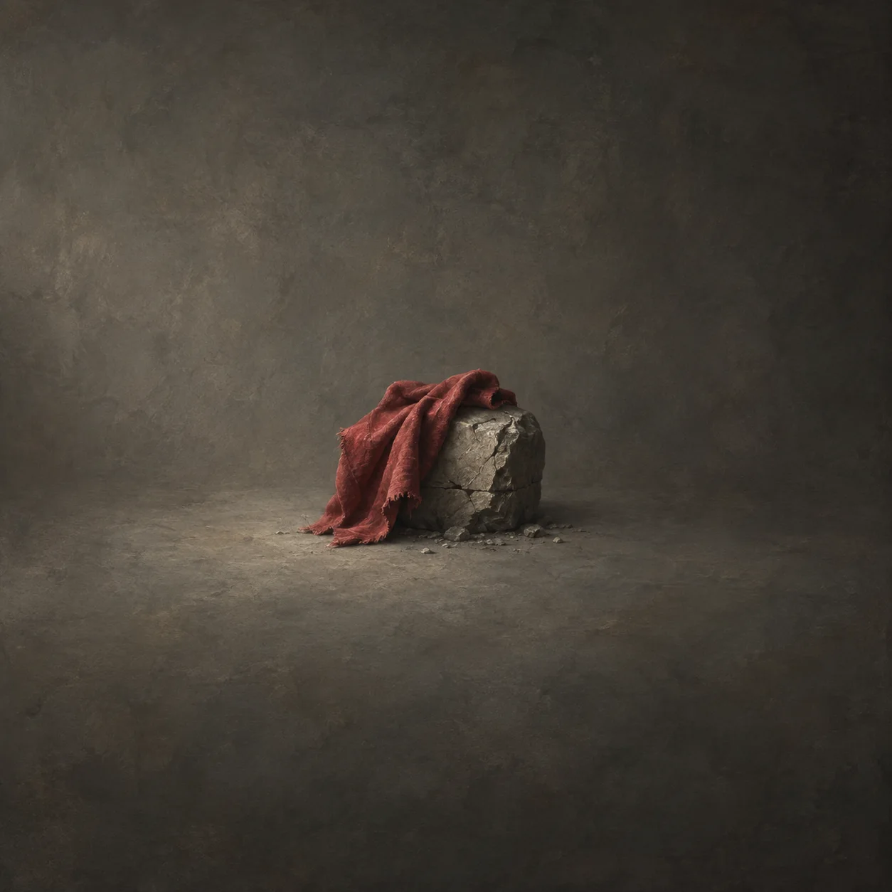 A rumpled red cloth drapes over a cracked stone block against a muted gray-brown background.