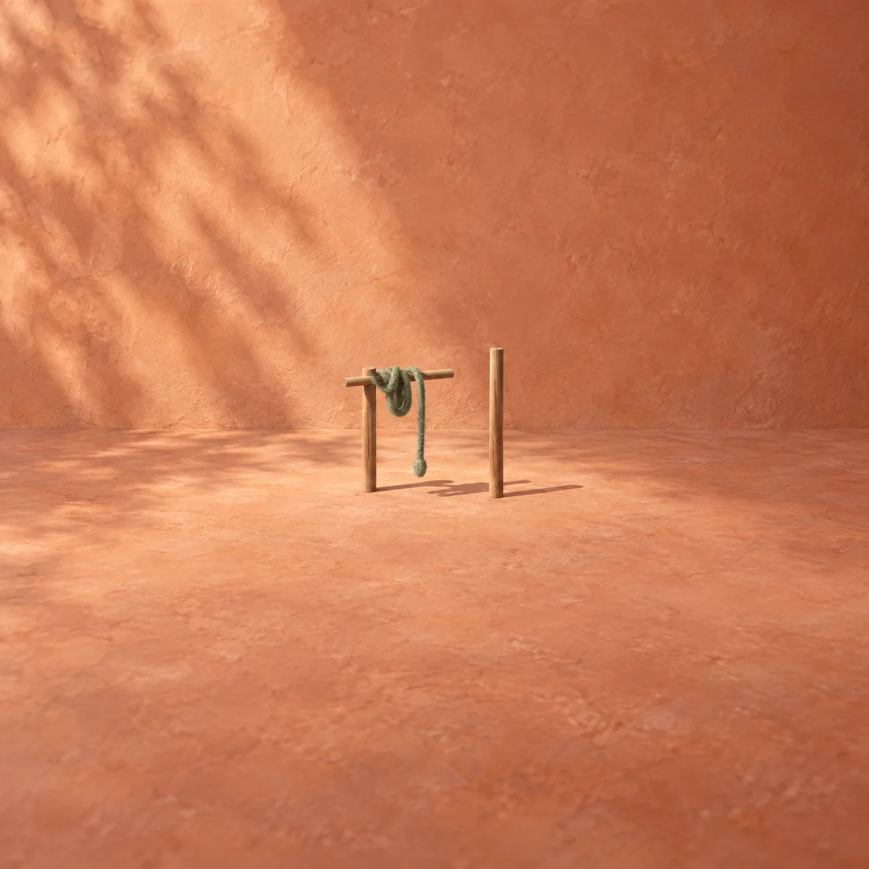 Green-grey rope droops over a wooden crossbar beside a separate upright wooden rod against terracotta.