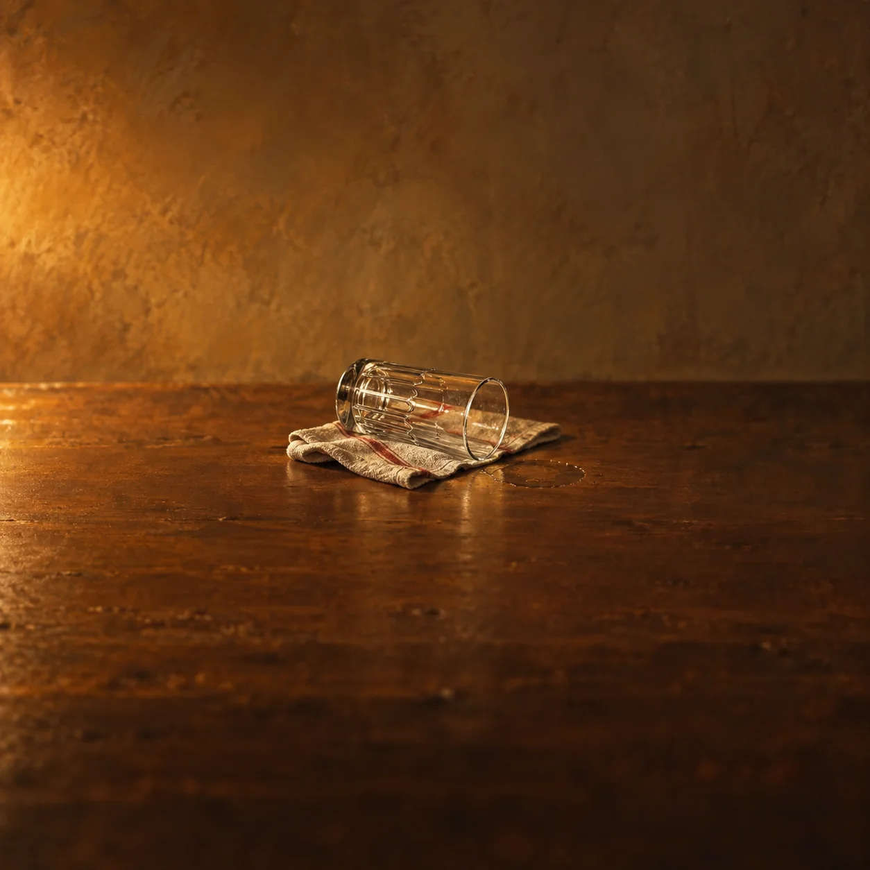 An empty faceted highball glass lies on folded cloth beside a faint wet ring on warm wood.