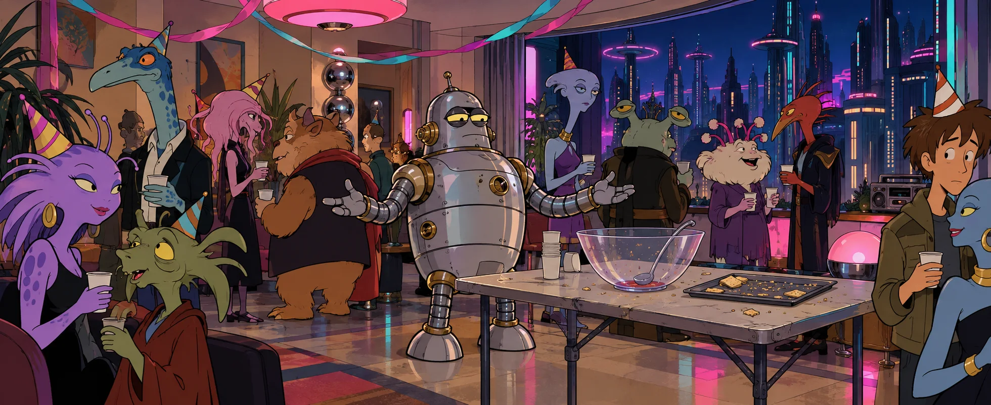 A robot holds court at a crowded alien house party in a neon future city.