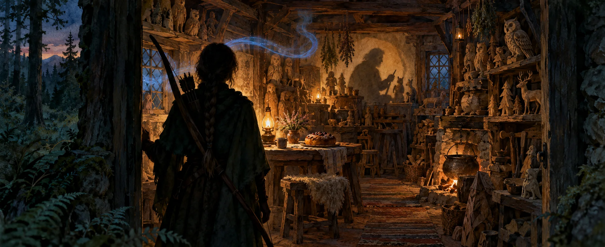 A young archer with a long braid and a bow, seen from behind, peers into a cramped woodcarver's cottage full of carved figures, a cauldron glowing on the hearth and a strange shadow on the wall.