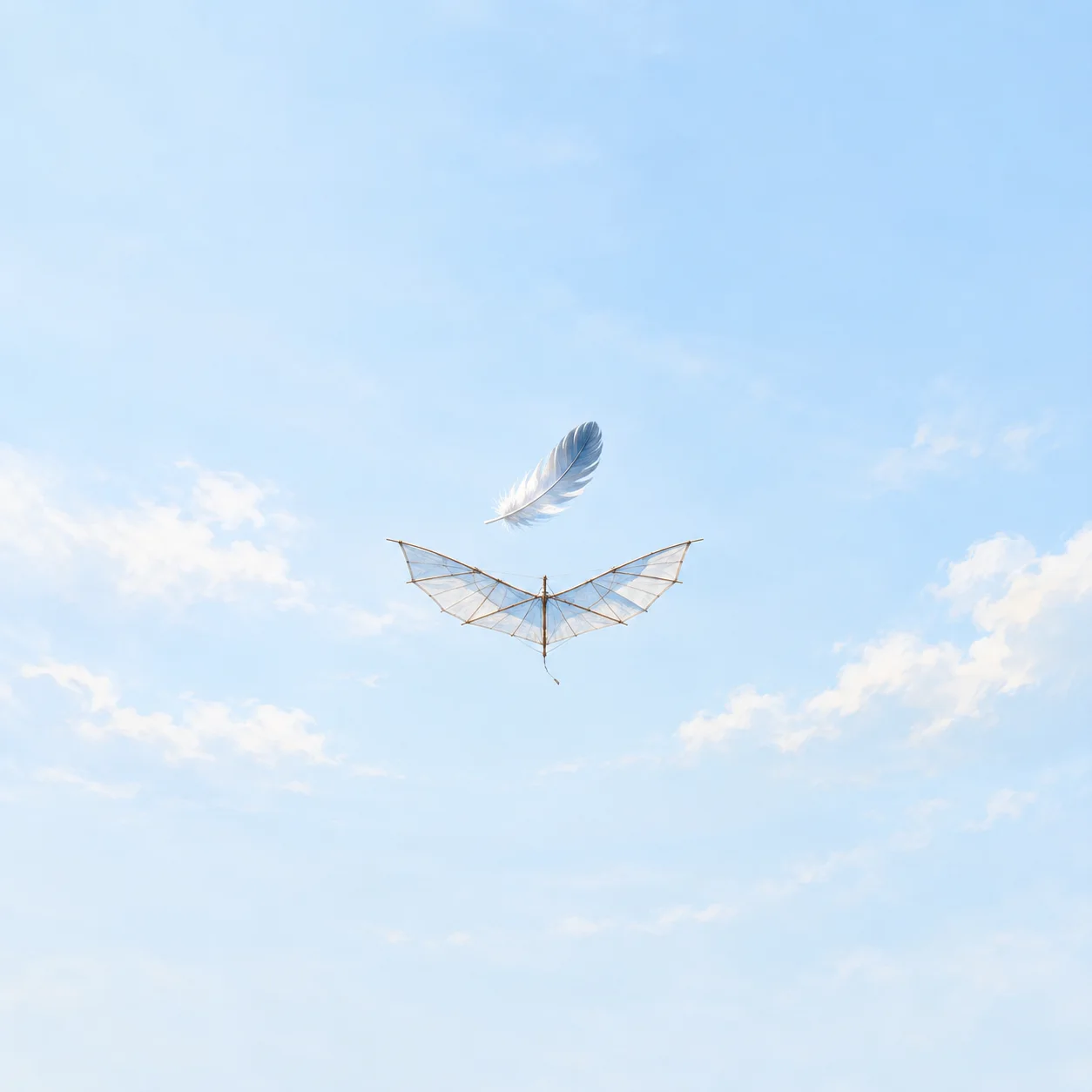 A pale feather floats above a delicate wing-shaped kite frame in a clear blue sky.
