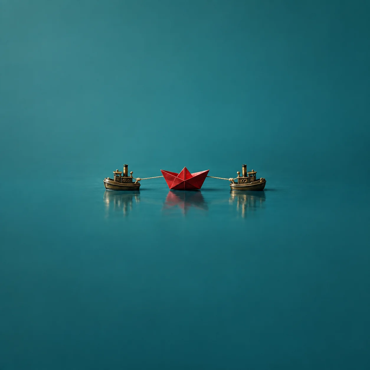 A red paper boat sits between two tiny brass tugboats, joined by ropes on a reflective teal surface.