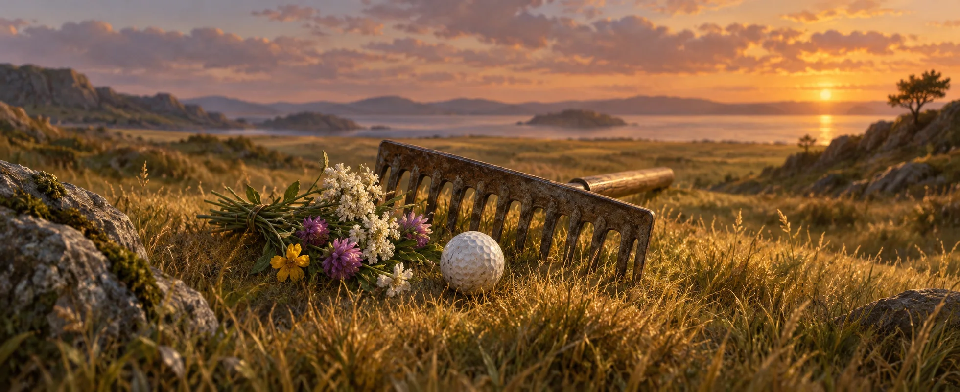 A small white golf ball rests beside flowers and a worn metal rake on golden grass.