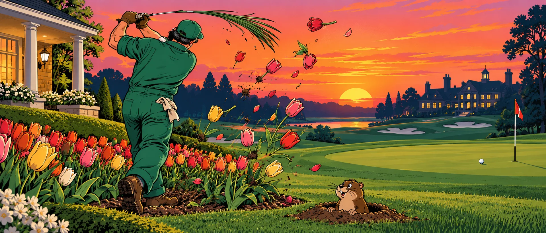 A groundskeeper in green coveralls swings a grass whip like a golf club through a bed of tulips beside the clubhouse, a gopher watching from a hole.