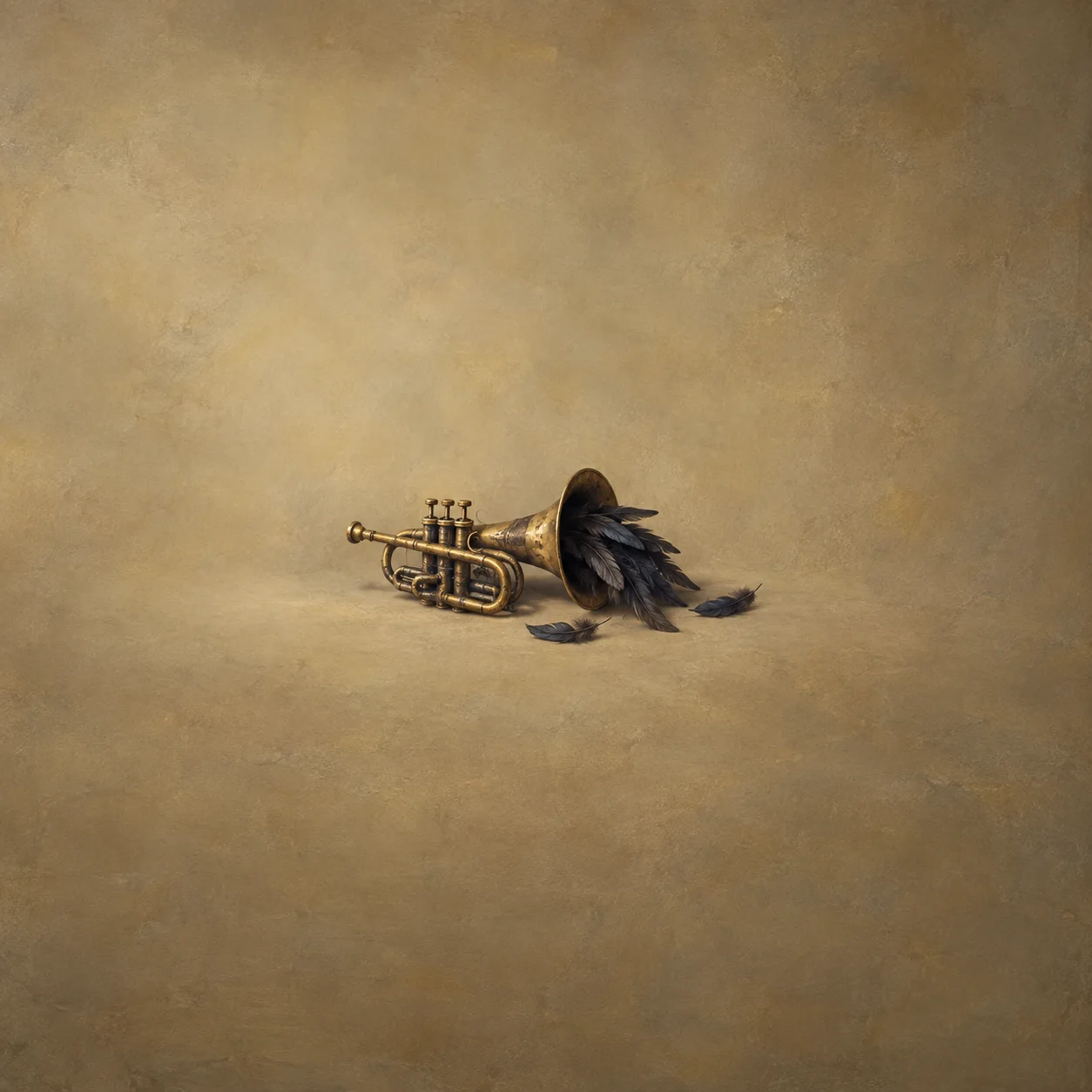 Dark feathers spill from the bell of a brass trumpet on an ochre surface.